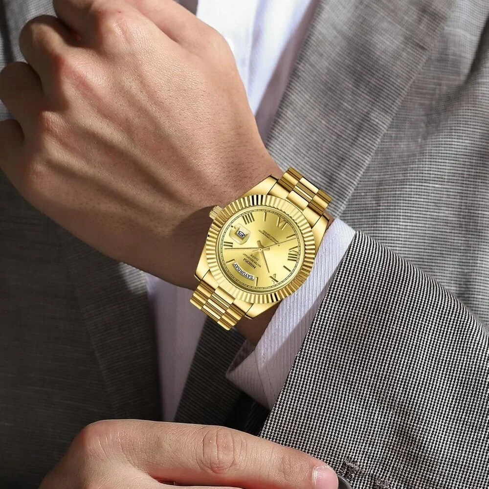 Men's Gold Stainless Steel Analog Classic Design Stylish Wrist Dressing Watch